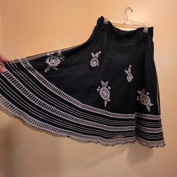 Nygard Collection Flared Navy Blue w/ White Embroidery Flowers w/ Sheer Overlay - Picture 5 of 6